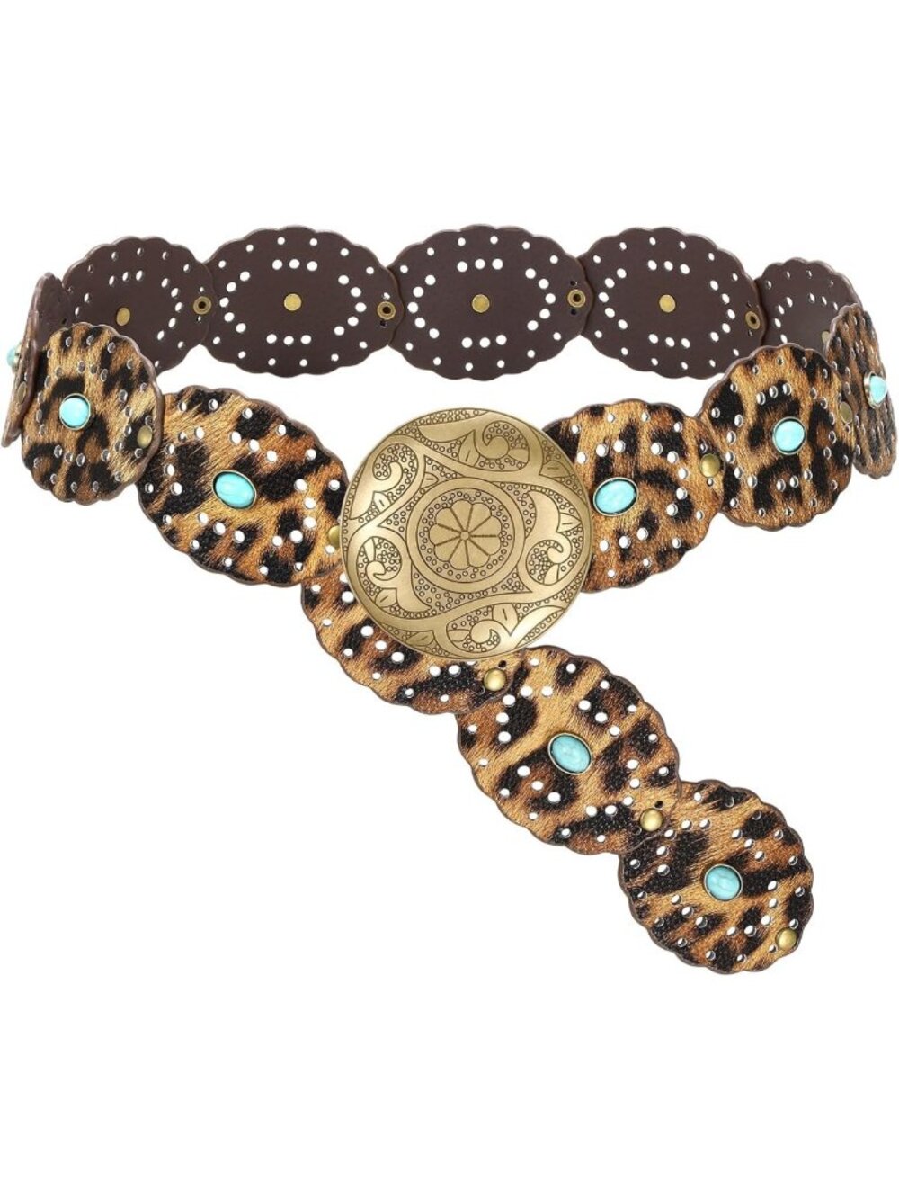 Wide Western Disc Belt with Turquoise Accents | Boho Cowgirl Leather Belt for